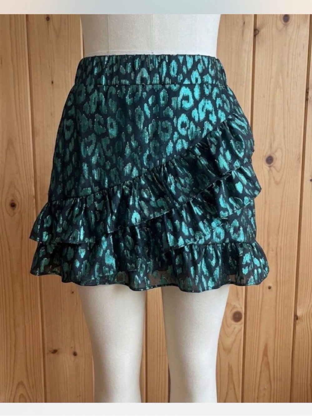 Talulah Metallic Emerald Green Leopard Print Ruffle Mini Skirt Small S Party